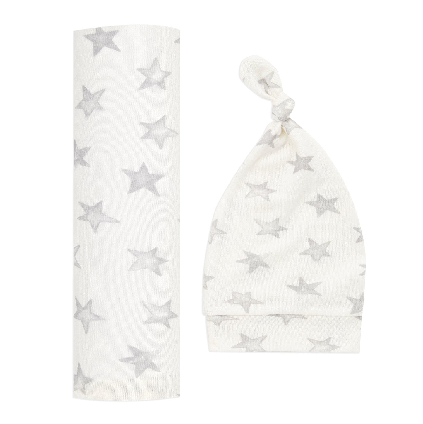Dovana naujagimiui - itin švelnus, minkštas ir kokybiškas baltos spalvos su žvaigždutėmis smėlinukas ir kepurytė.Modelis Star