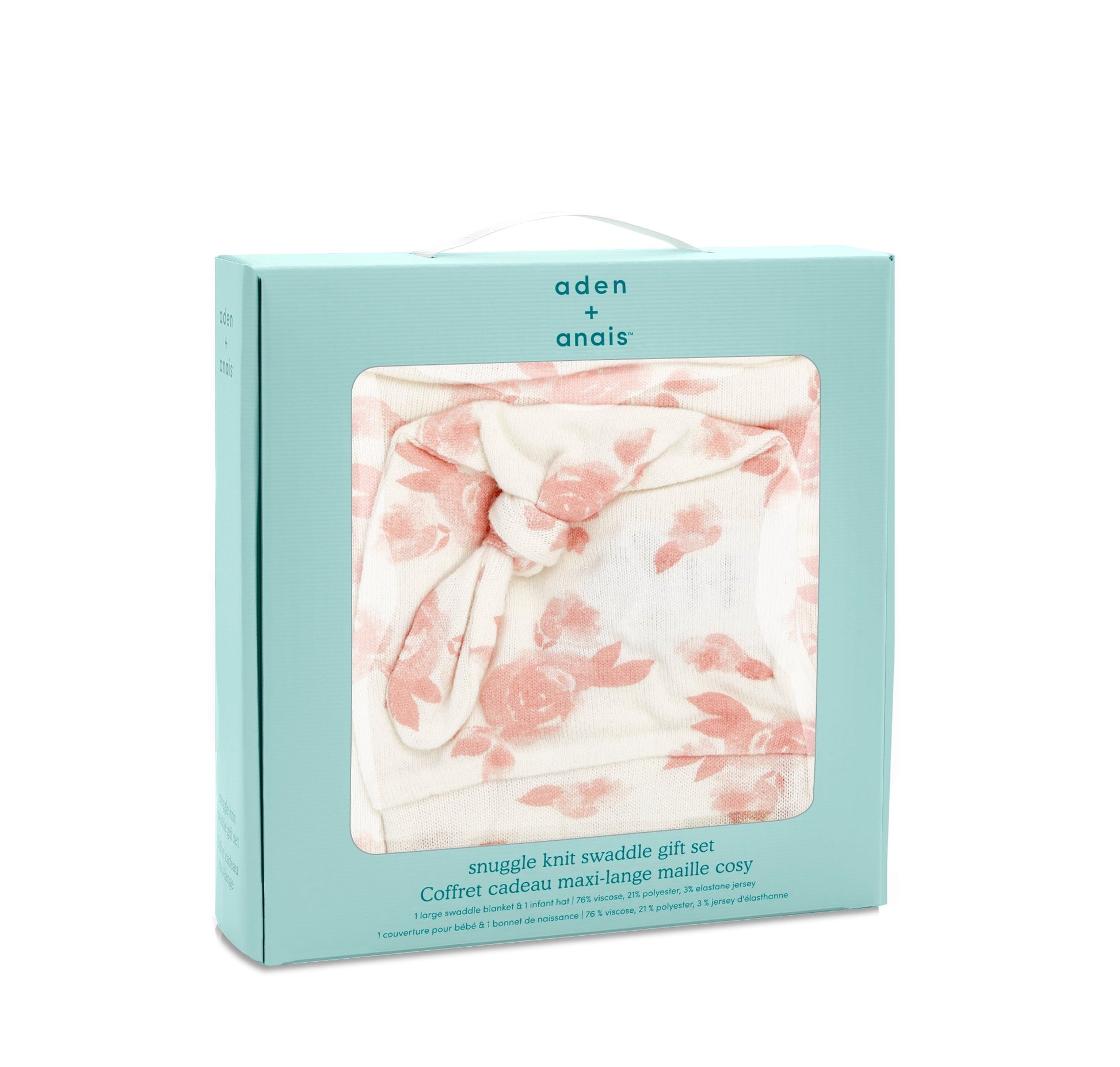 Dovana naujagimiui - itin kokybiškas baltos spalvos su rausvomis rožytėmis smėlinukas ir kepurytė dėžutėje. Modelis Rosettes